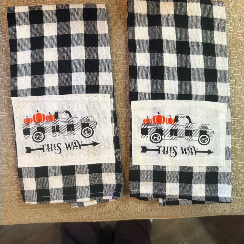 Black and White Checkered Kitchen Towels with Pumpkin Truck Design